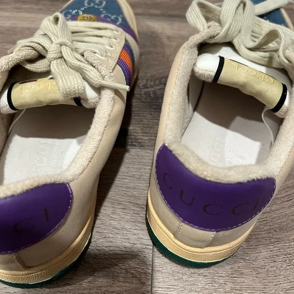 Gucci Style Beige and Purple Sneakers with Orange Stripes - Picture 6 of 6